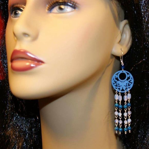 Handmade Blue Wooden Butterflies, Opalite, & Fossil Stone Chandelier Earrings - Picture 3 of 5